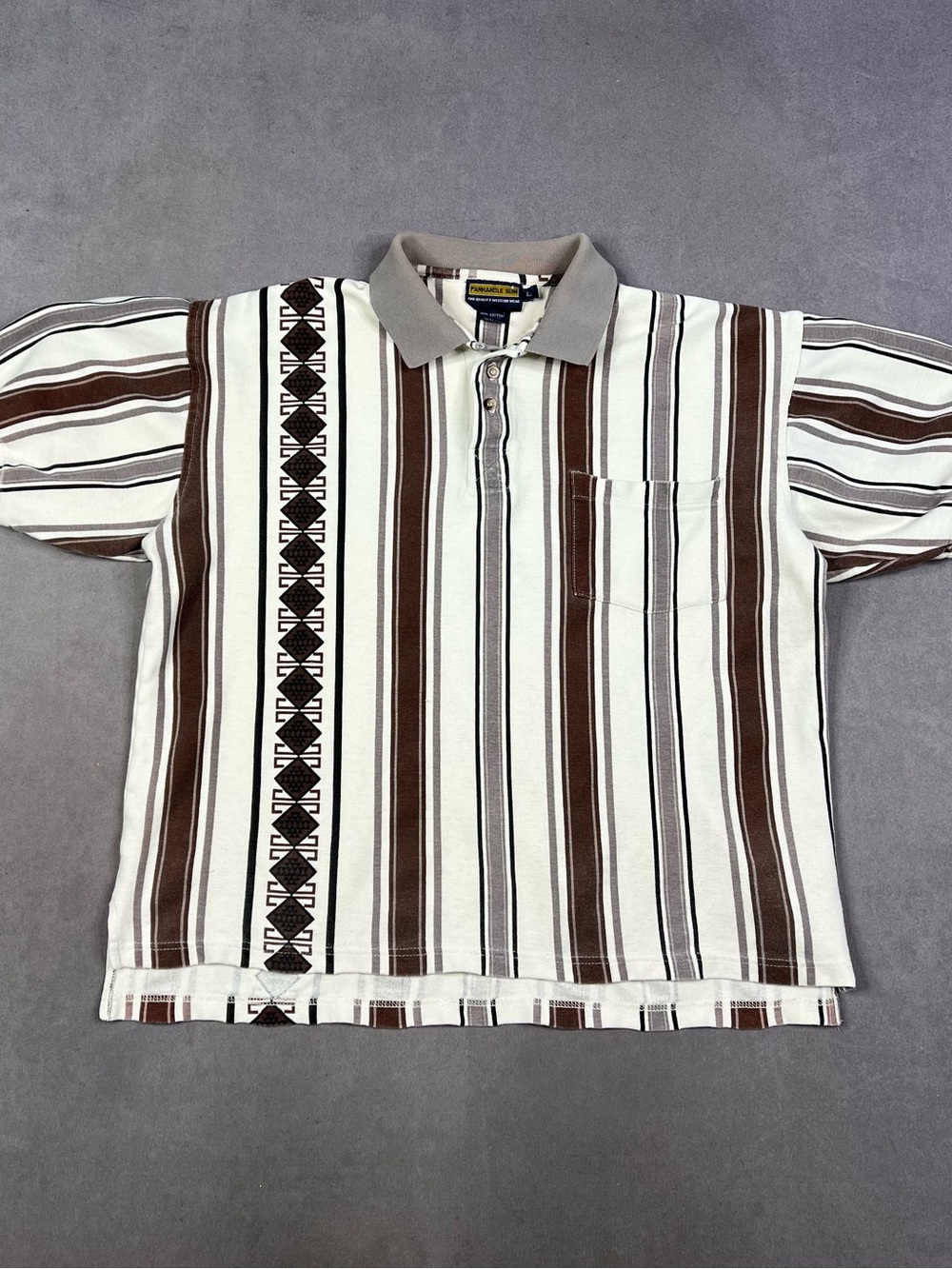 Panhandle Slim Brown & White Striped Polo with Geometric Trim